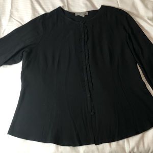 Black Silk Blend Blouse Ruffle Button Front